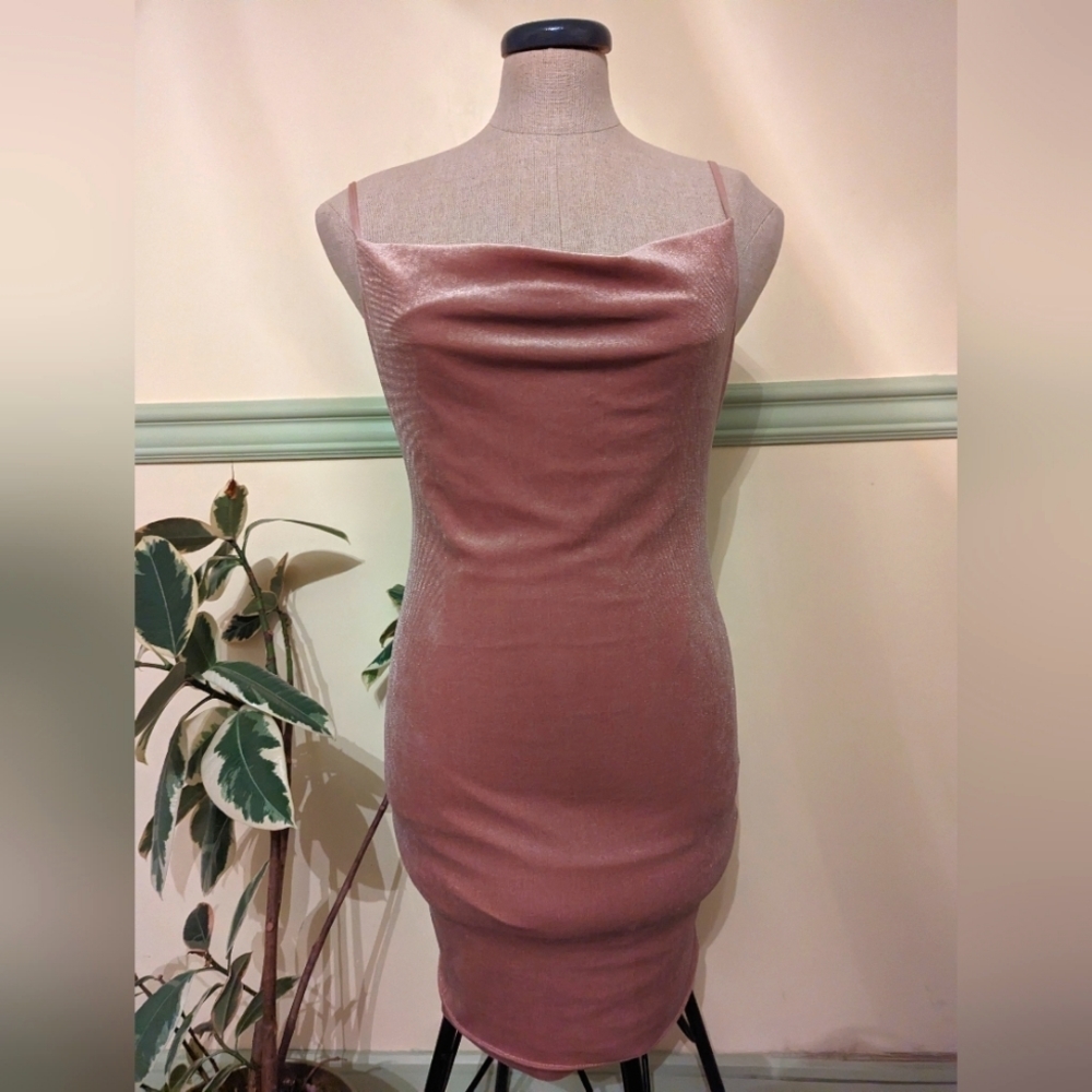 LE CHATEAU Pink velvet cowl drape neckline sleeveless dress